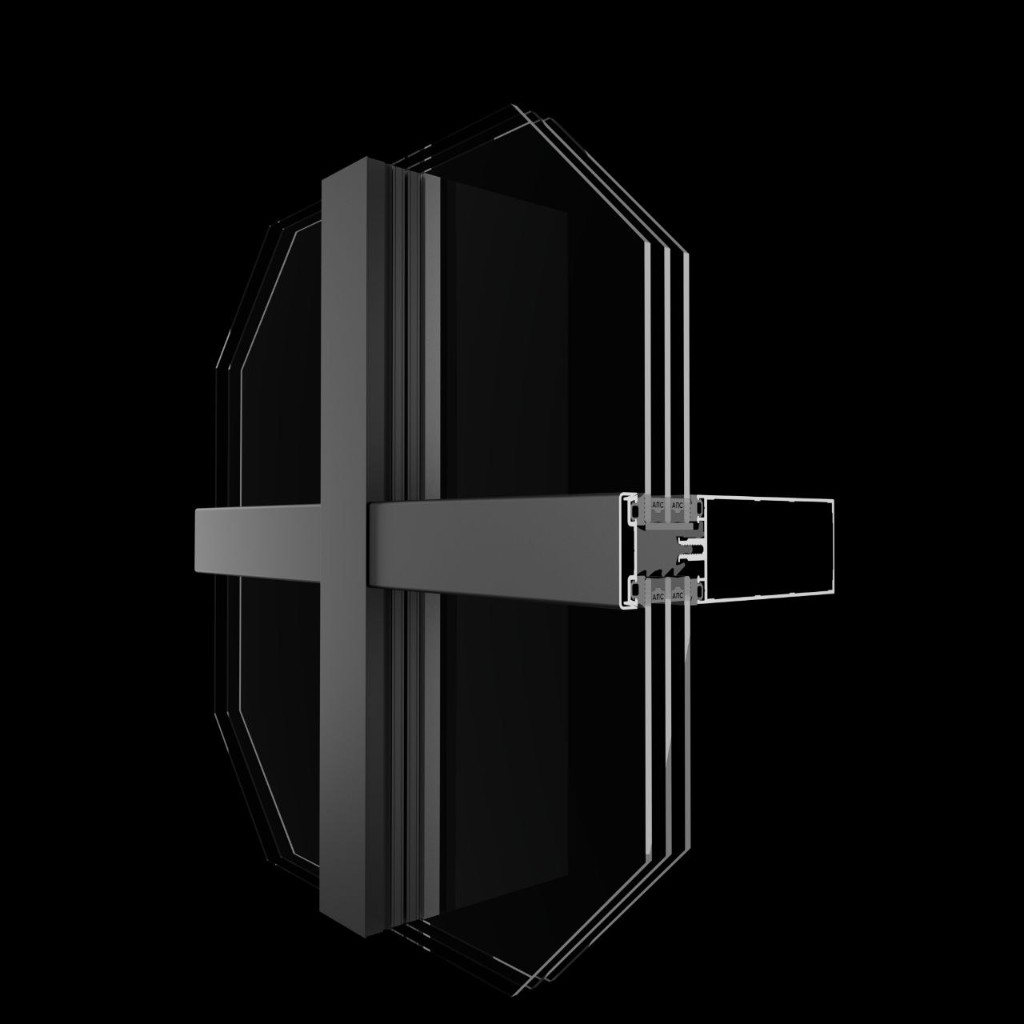 3D-узел фасадной системы ALUSET AF 50: стойка, ригель и стеклопакет